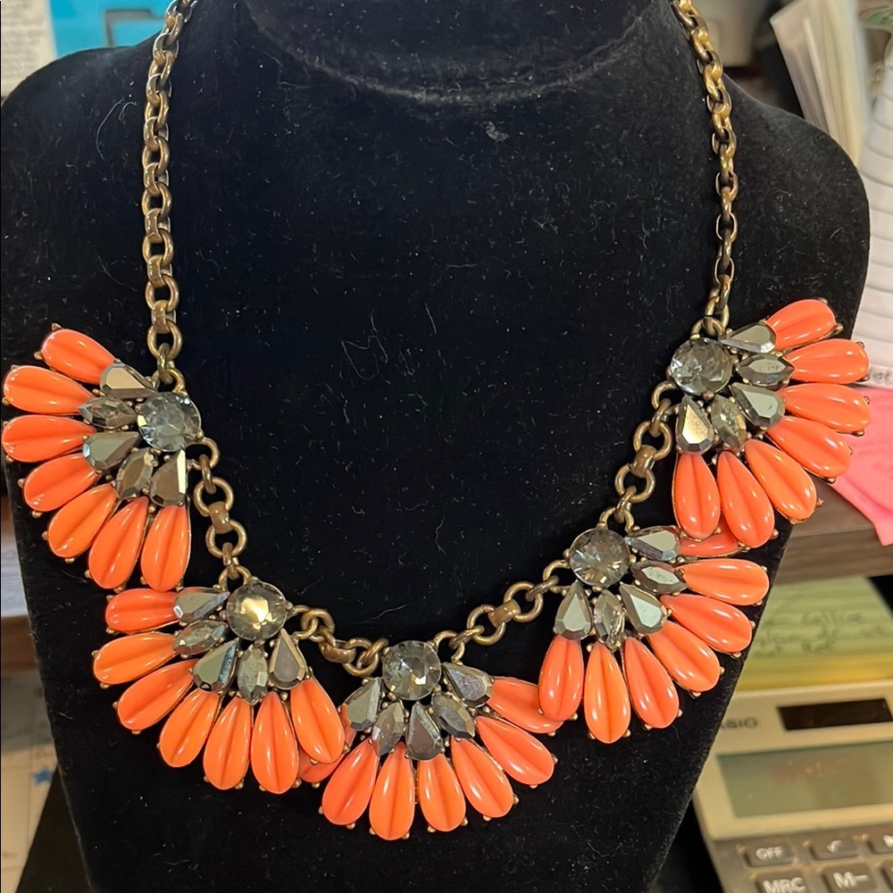 J Crew Elegant Orange and Silver Statement Necklace